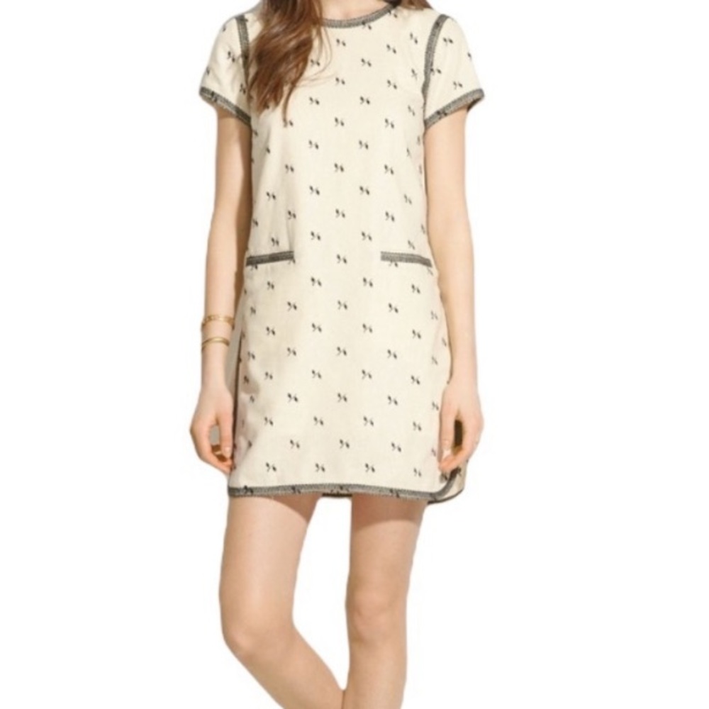 Madewell Lightstitch Cream Black Linen Embroidered Shift Tunic Mini Dress - Xs